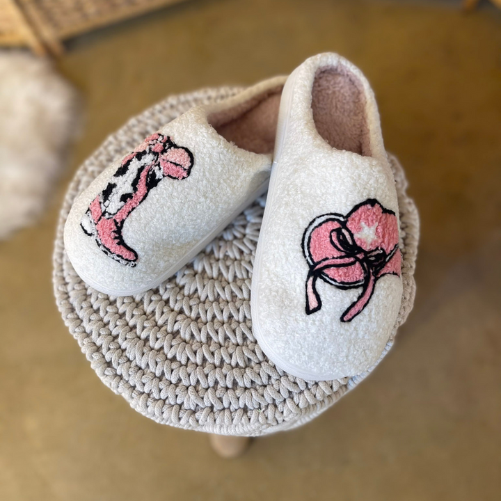 Barefoot Bliss Slide On Slippers in Ivory with Western Icons