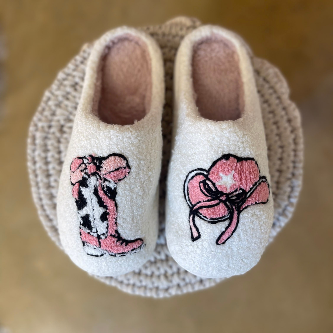 Barefoot Bliss Slide On Slippers in Ivory with Western Icons