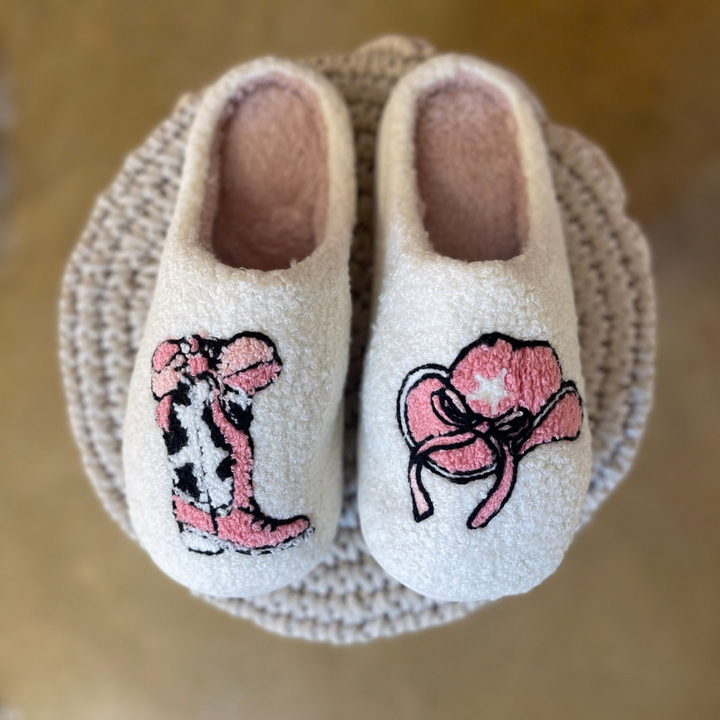 Barefoot Bliss Slide On Slippers in Ivory with Western Icons