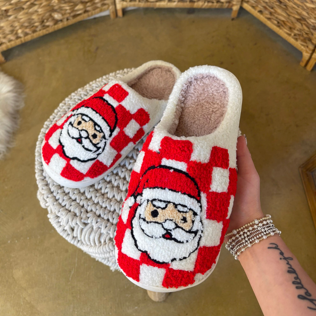Barefoot Bliss Slide On Slippers in Red Checkered Print with Santa
