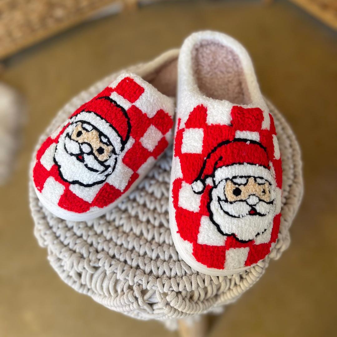 Barefoot Bliss Slide On Slippers in Red Checkered Print with Santa