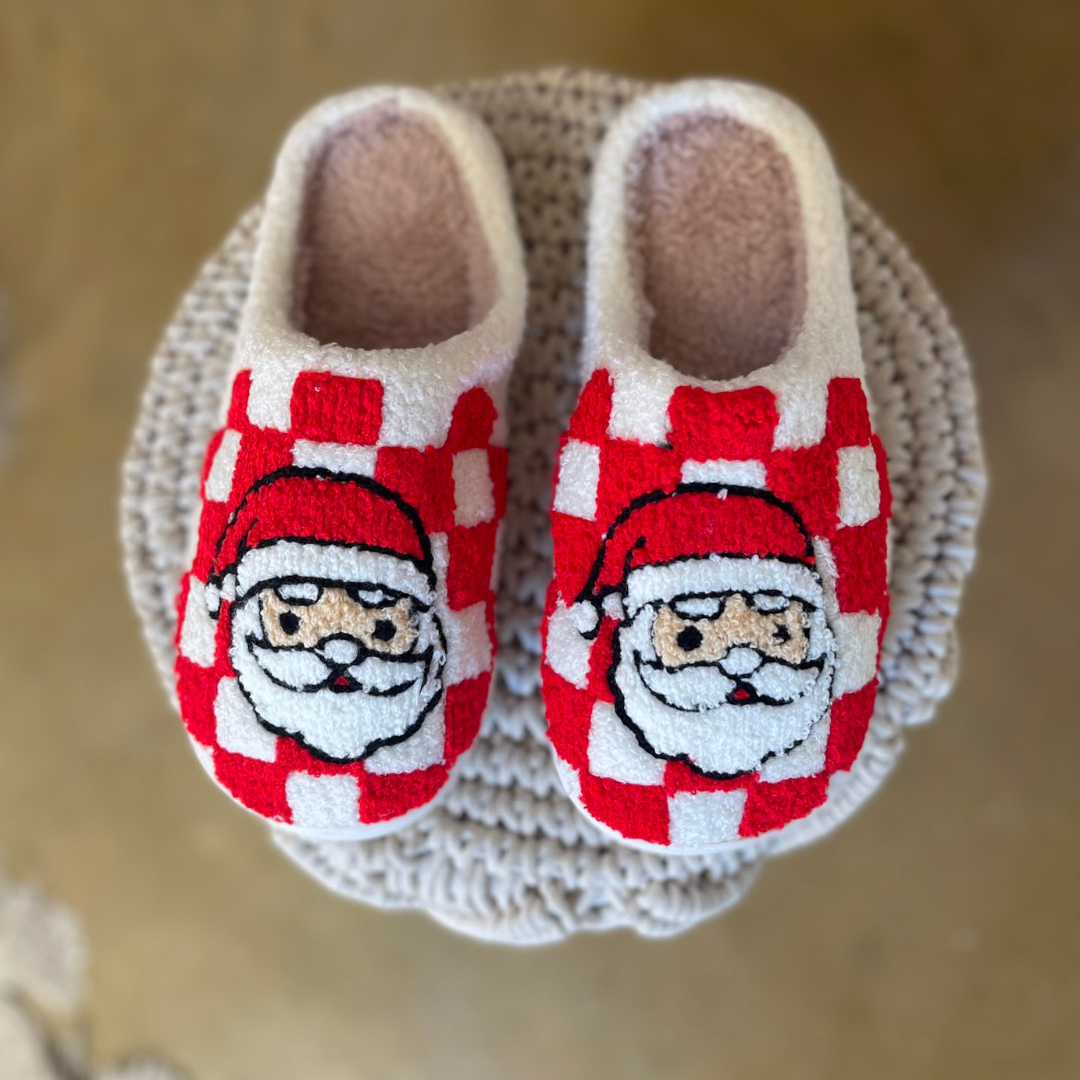 Barefoot Bliss Slide On Slippers in Red Checkered Print with Santa