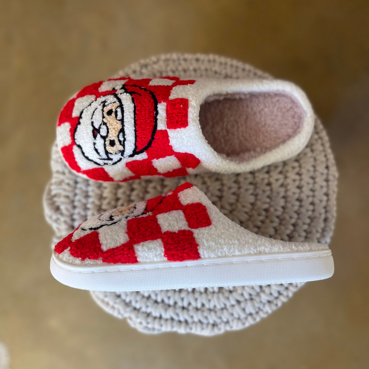 Barefoot Bliss Slide On Slippers in Red Checkered Print with Santa