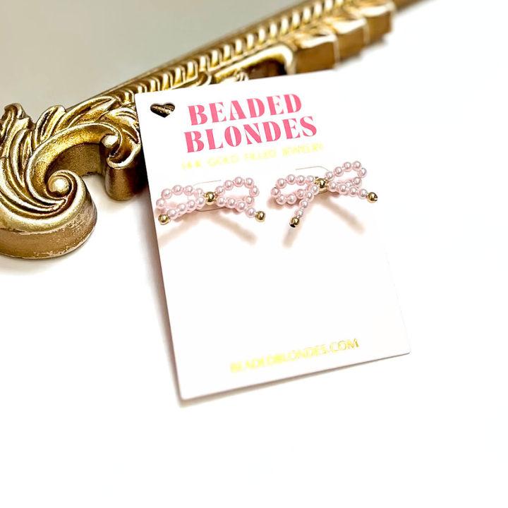 Beaded Blondes | Pink Pearl Beaded Bow Earrings