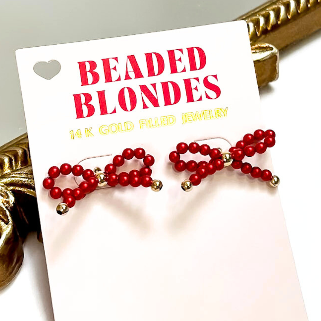 Beaded Blondes | Red Pearl Beaded Bow Earrings