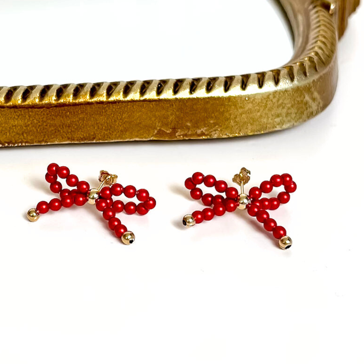 Beaded Blondes | Red Pearl Beaded Bow Earrings