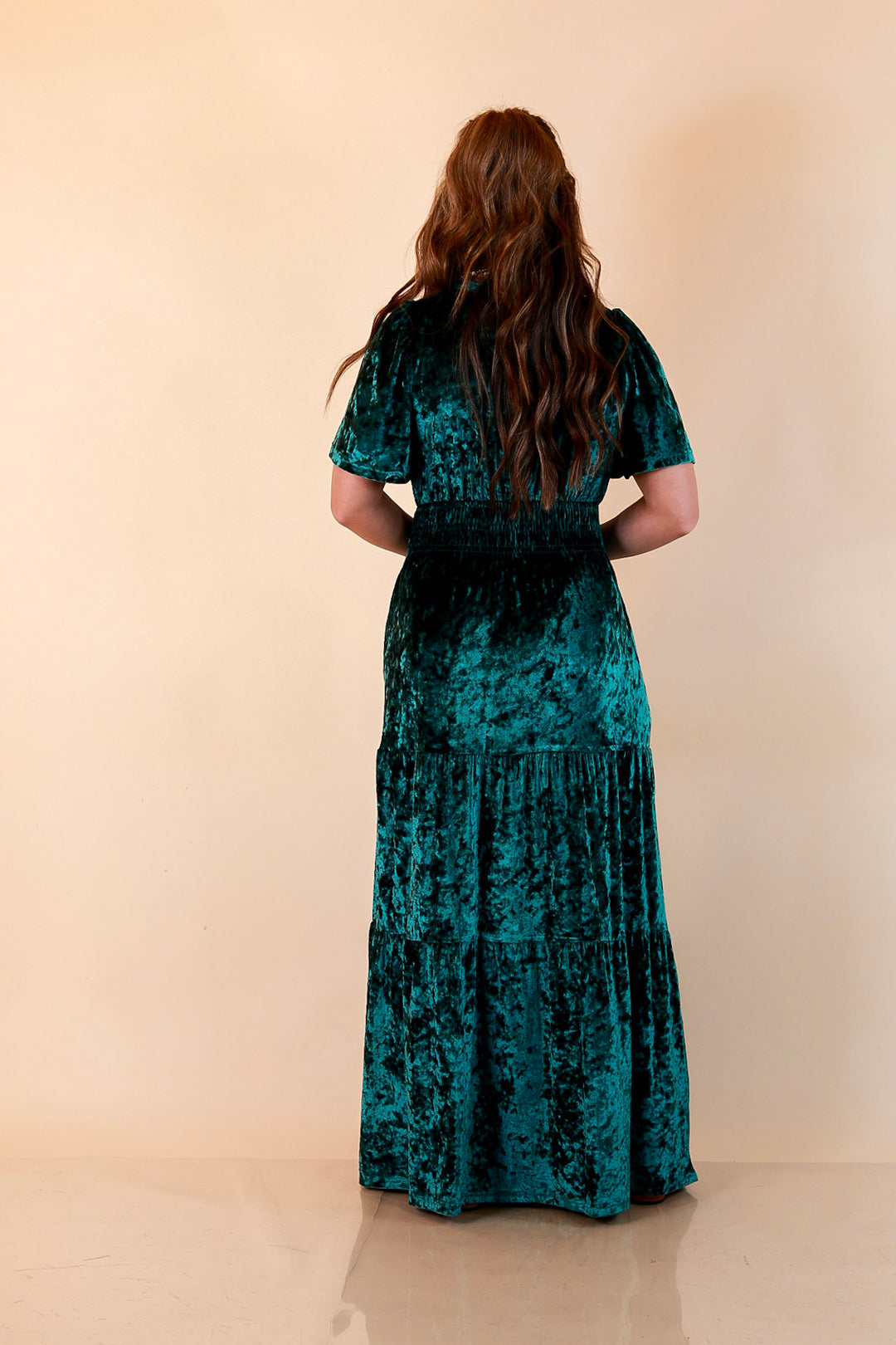 Belle of the Ball Crushed Velvet Tiered Maxi Dress in Green