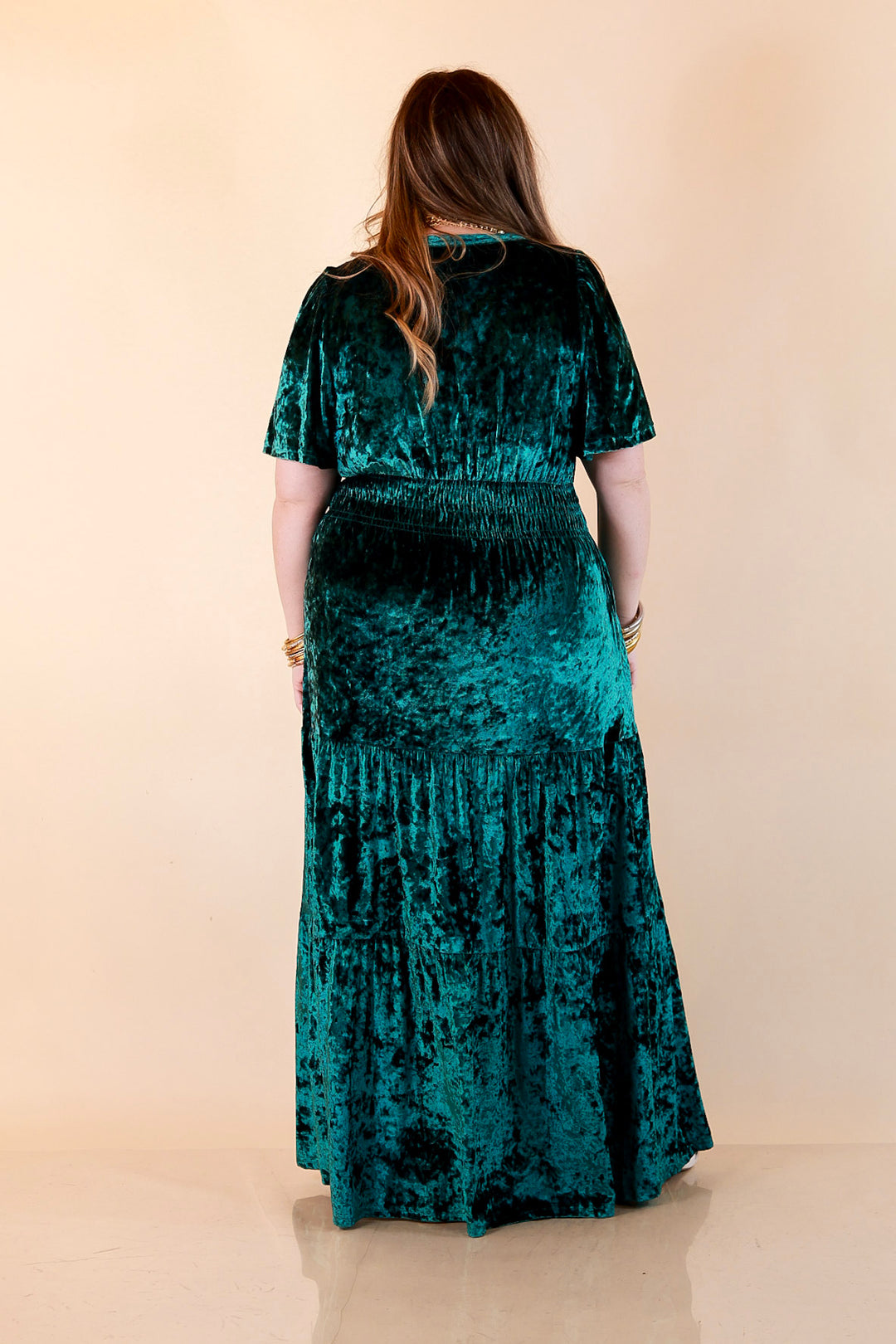 Belle of the Ball Crushed Velvet Tiered Maxi Dress in Green