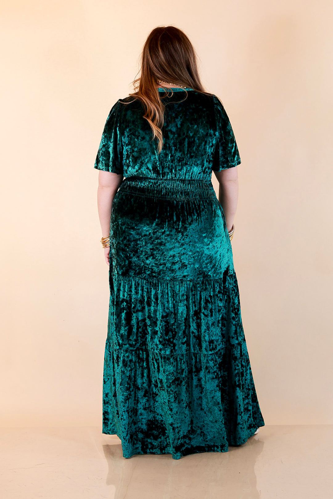 Belle of the Ball Crushed Velvet Tiered Maxi Dress in Green