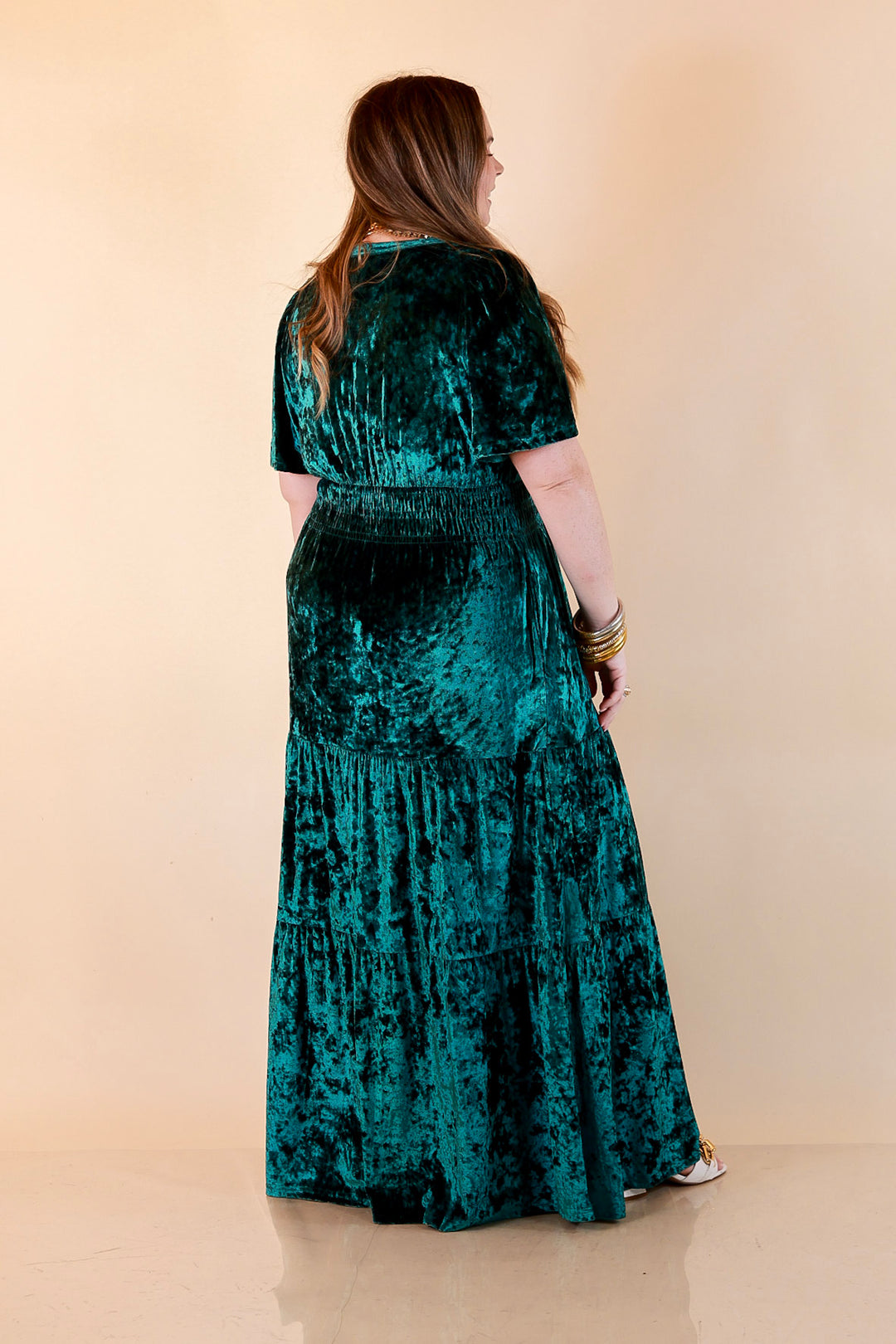 Belle of the Ball Crushed Velvet Tiered Maxi Dress in Green