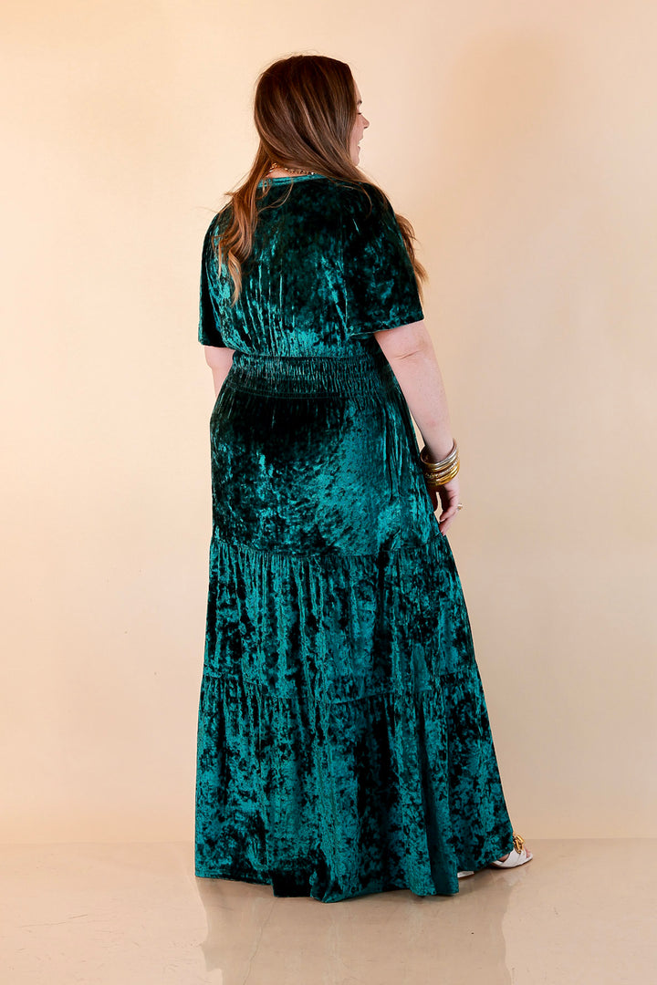 Belle of the Ball Crushed Velvet Tiered Maxi Dress in Green