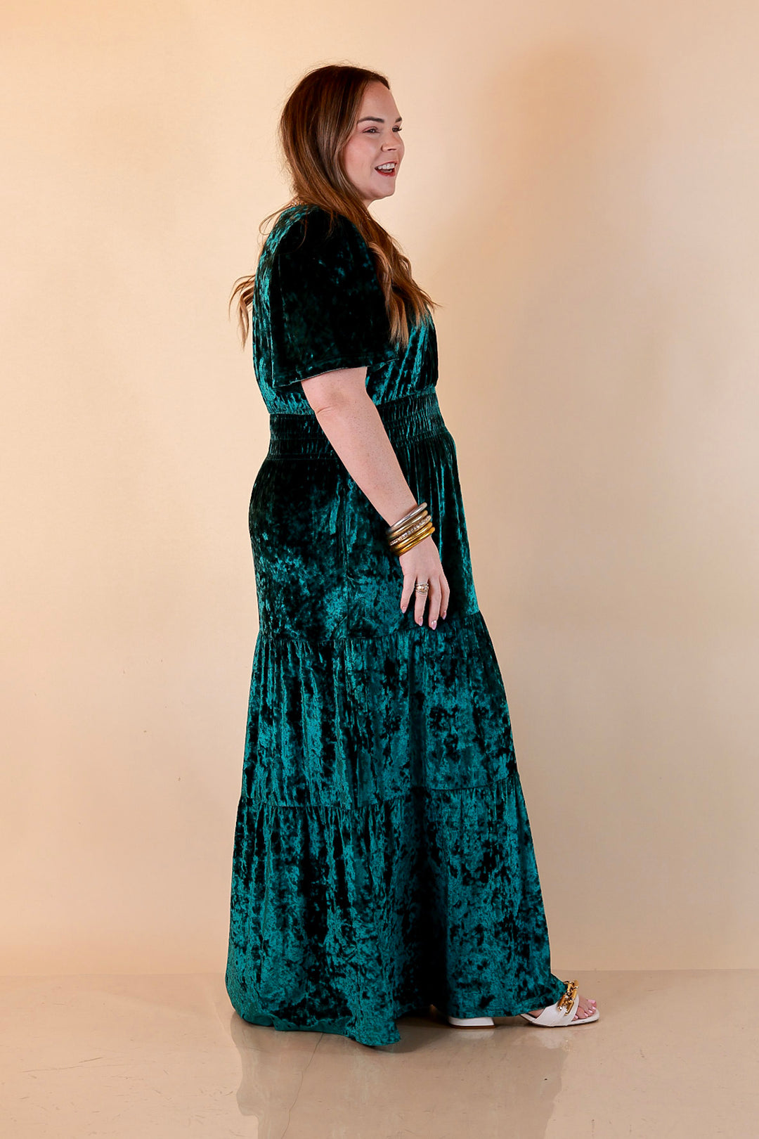 Belle of the Ball Crushed Velvet Tiered Maxi Dress in Green