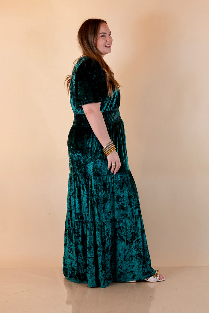 Belle of the Ball Crushed Velvet Tiered Maxi Dress in Green