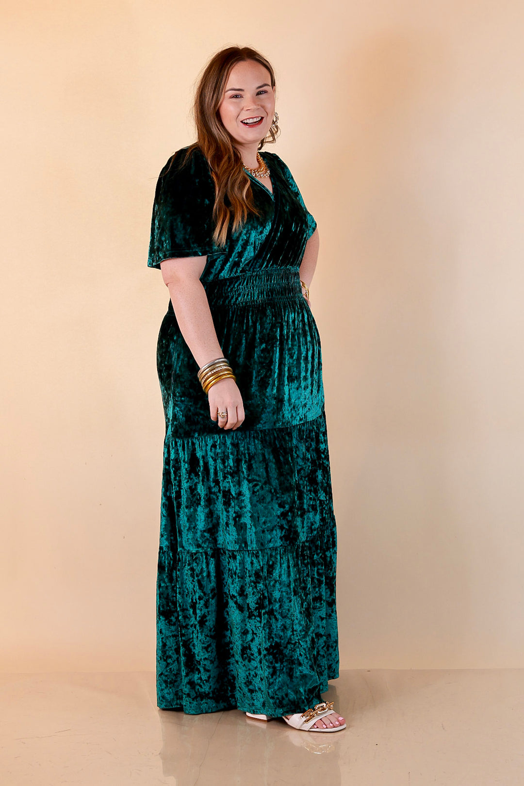 Belle of the Ball Crushed Velvet Tiered Maxi Dress in Green