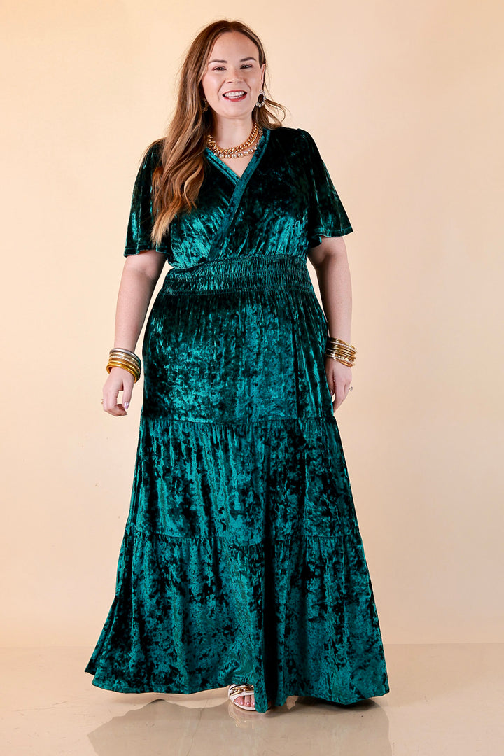 Belle of the Ball Crushed Velvet Tiered Maxi Dress in Green