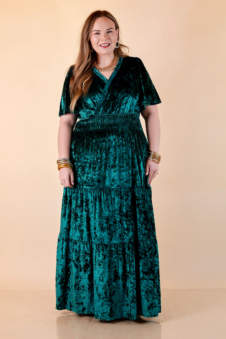 Belle of the Ball Crushed Velvet Tiered Maxi Dress in Green