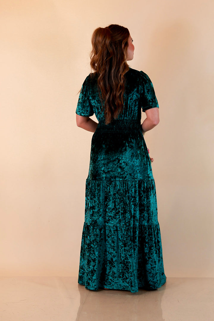 Belle of the Ball Crushed Velvet Tiered Maxi Dress in Green