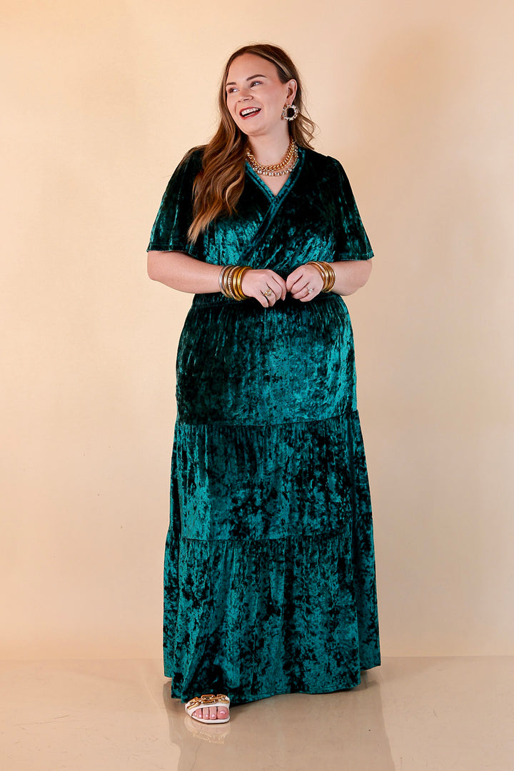 Belle of the Ball Crushed Velvet Tiered Maxi Dress in Green