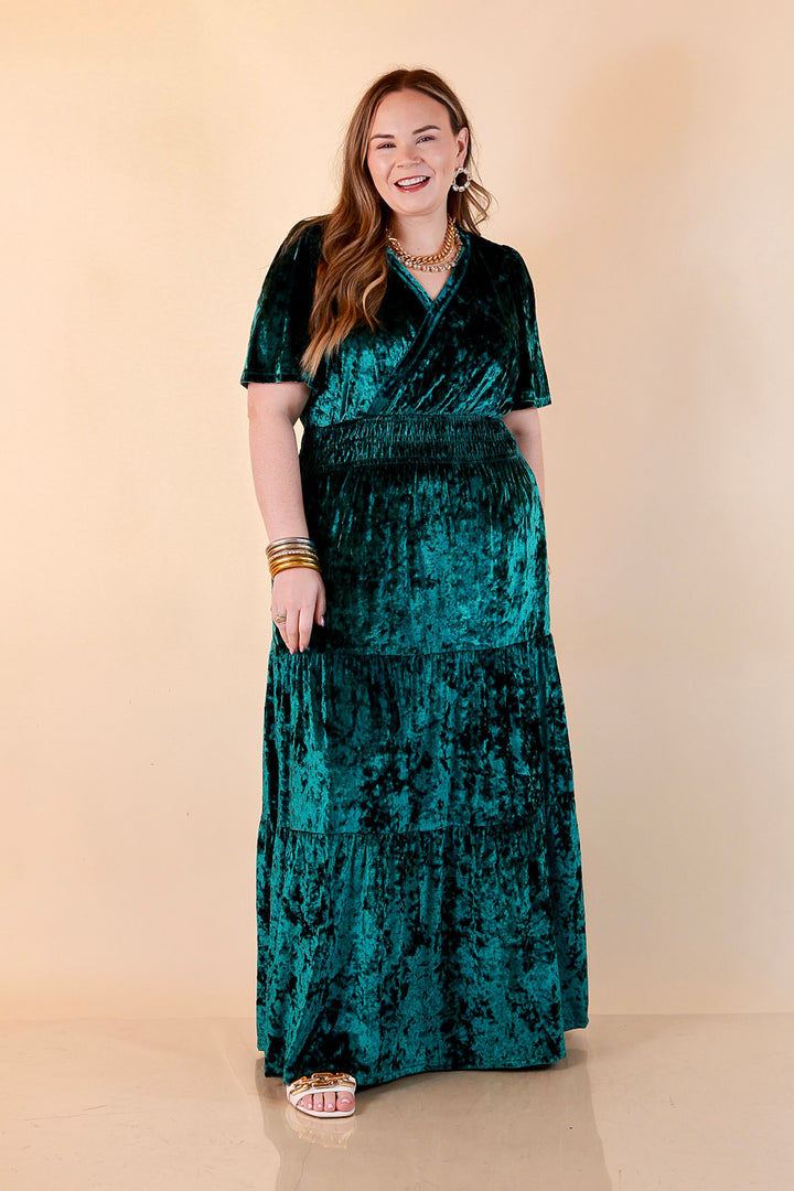 Belle of the Ball Crushed Velvet Tiered Maxi Dress in Green