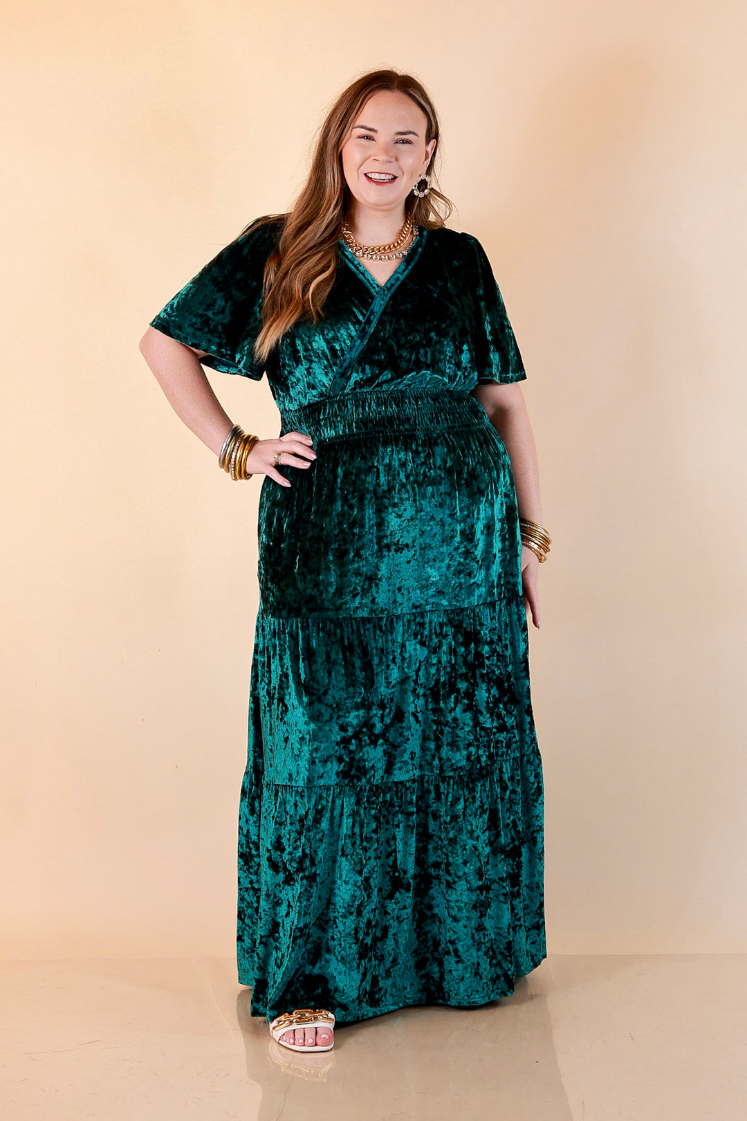 Belle of the Ball Crushed Velvet Tiered Maxi Dress in Green