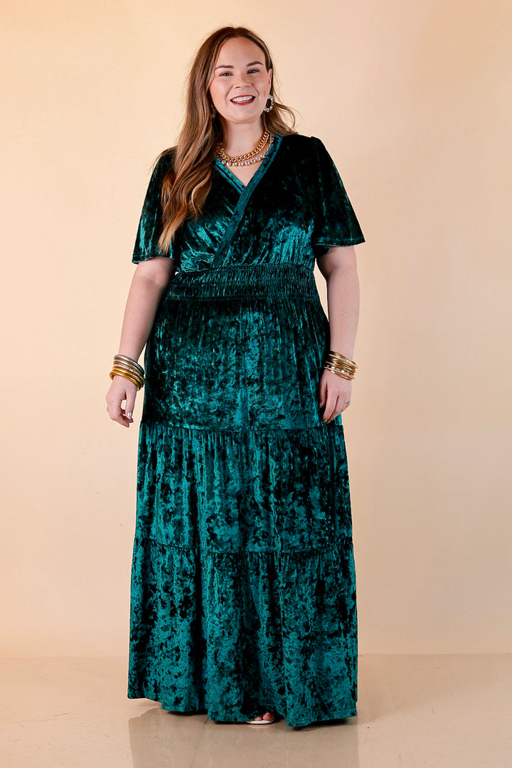Belle of the Ball Crushed Velvet Tiered Maxi Dress in Green