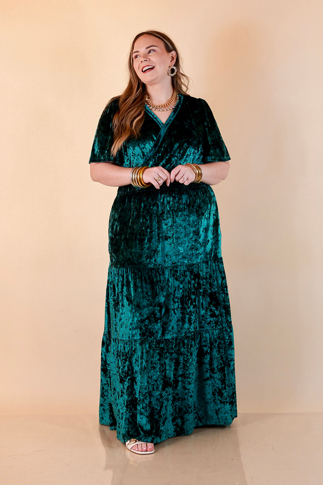 Belle of the Ball Crushed Velvet Tiered Maxi Dress in Green