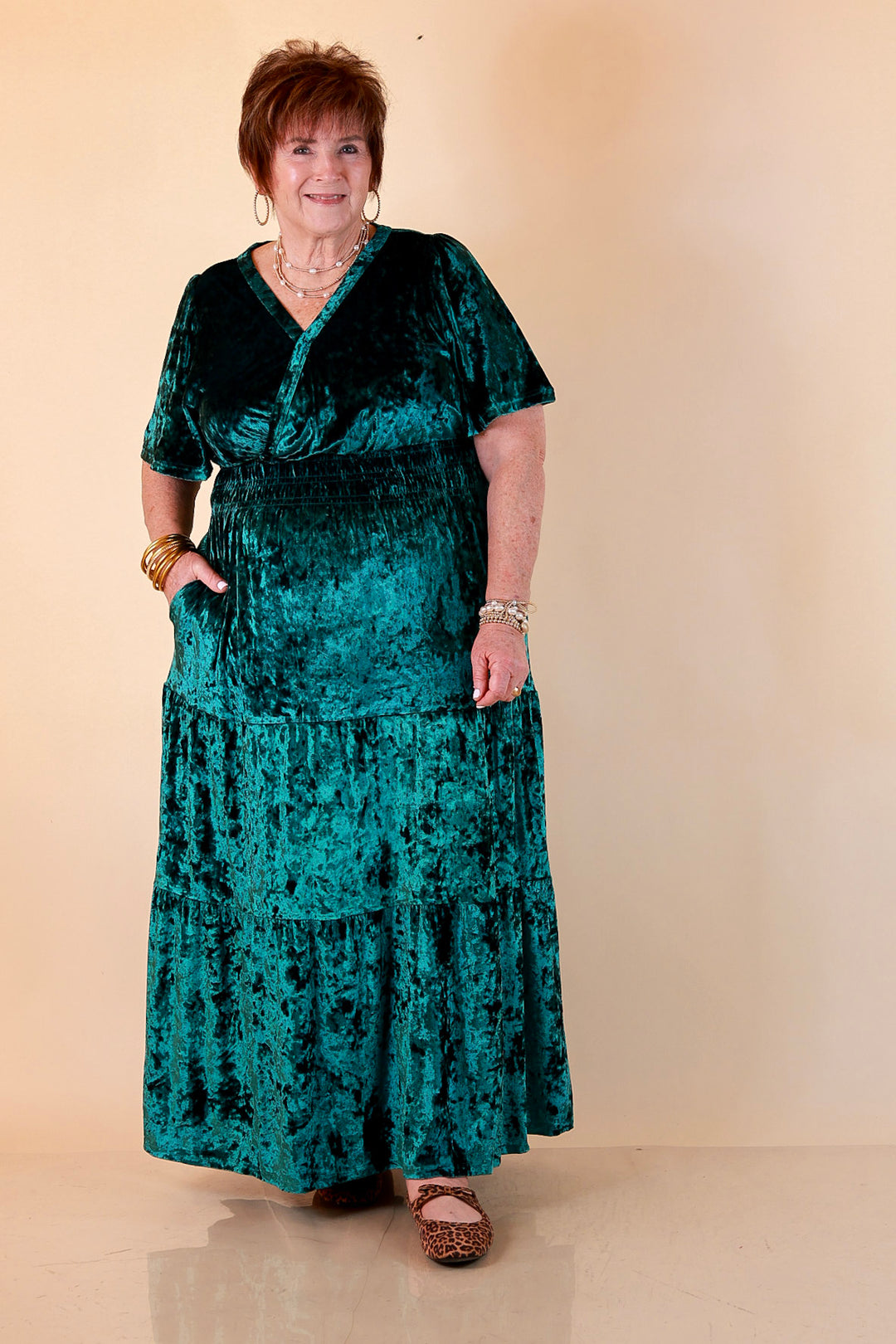 Belle of the Ball Crushed Velvet Tiered Maxi Dress in Green