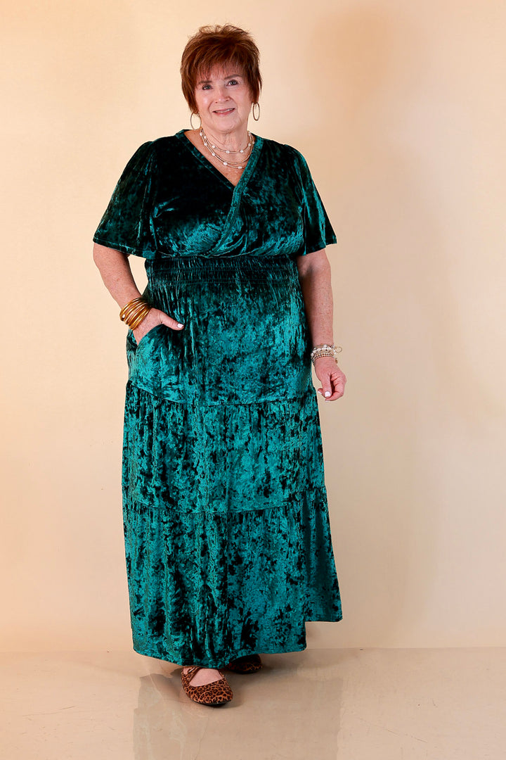 Belle of the Ball Crushed Velvet Tiered Maxi Dress in Green