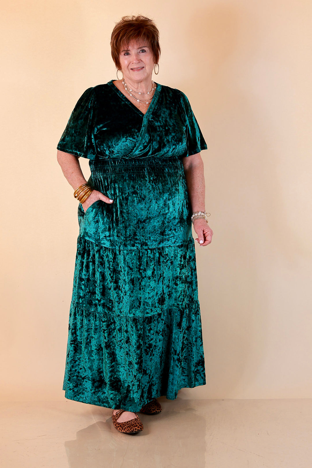 Belle of the Ball Crushed Velvet Tiered Maxi Dress in Green