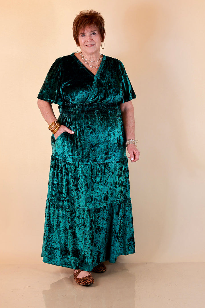 Belle of the Ball Crushed Velvet Tiered Maxi Dress in Green