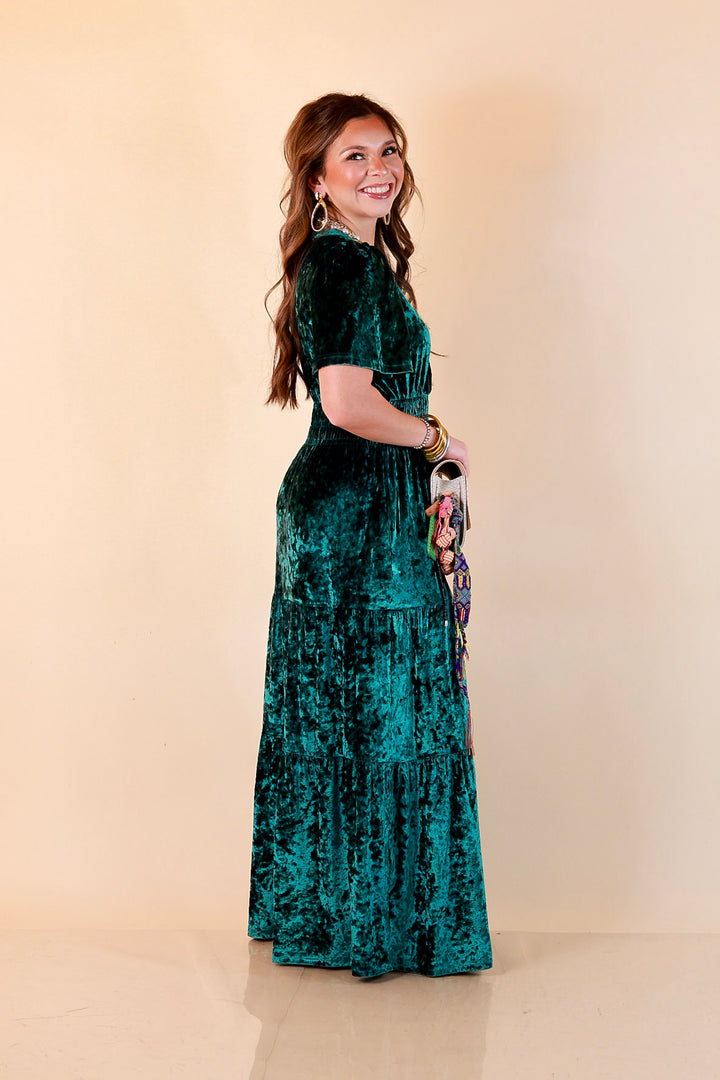 Belle of the Ball Crushed Velvet Tiered Maxi Dress in Green
