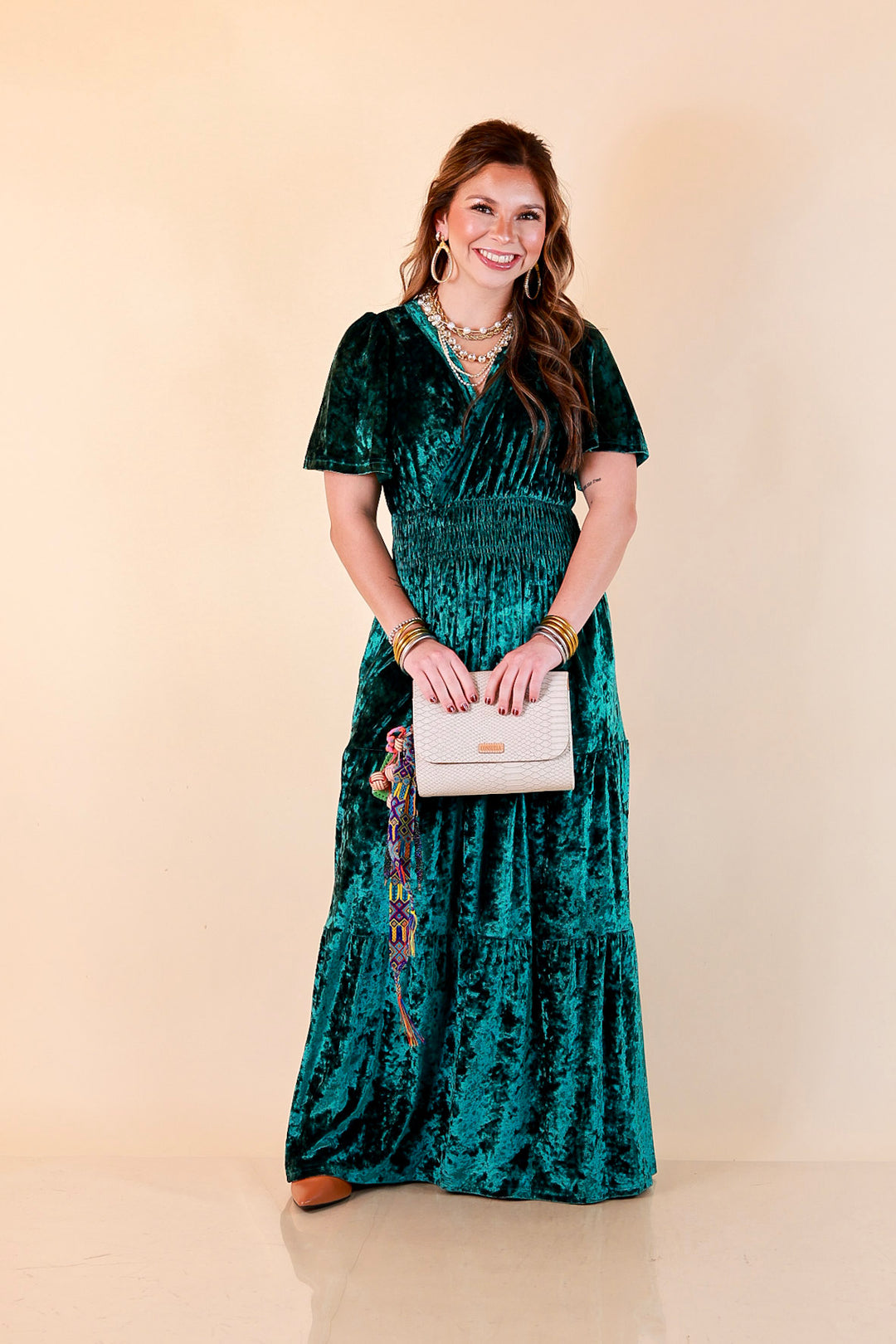 Belle of the Ball Crushed Velvet Tiered Maxi Dress in Green