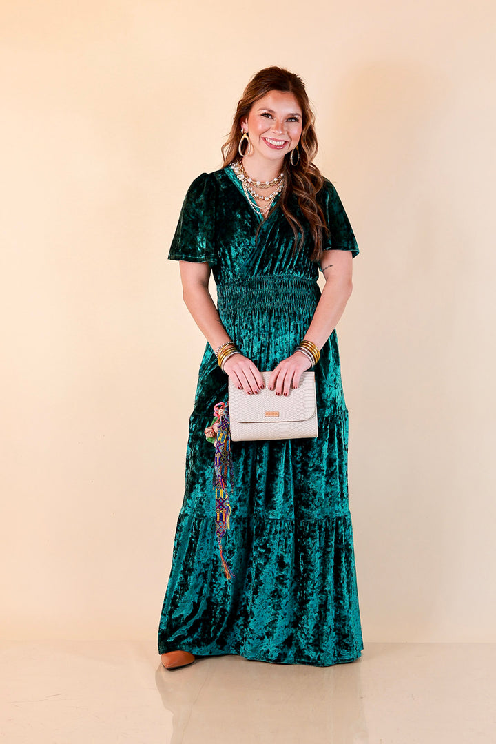 Belle of the Ball Crushed Velvet Tiered Maxi Dress in Green