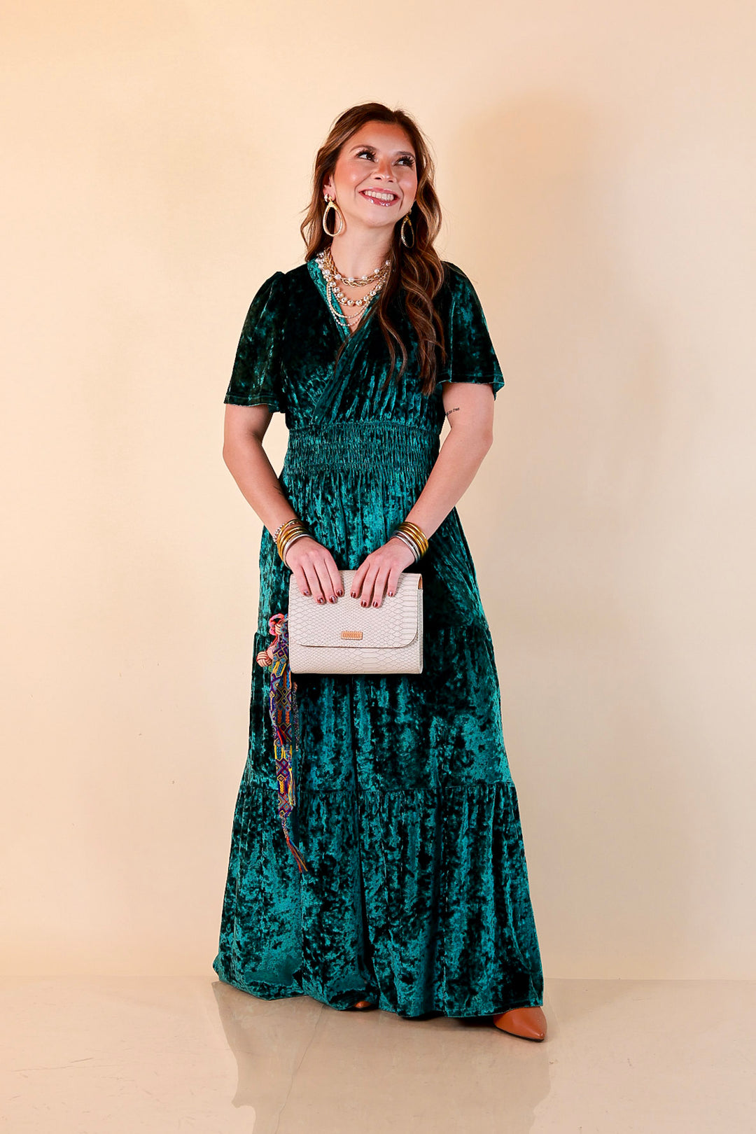 Belle of the Ball Crushed Velvet Tiered Maxi Dress in Green