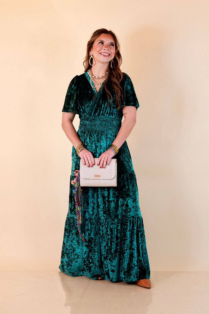 Belle of the Ball Crushed Velvet Tiered Maxi Dress in Green