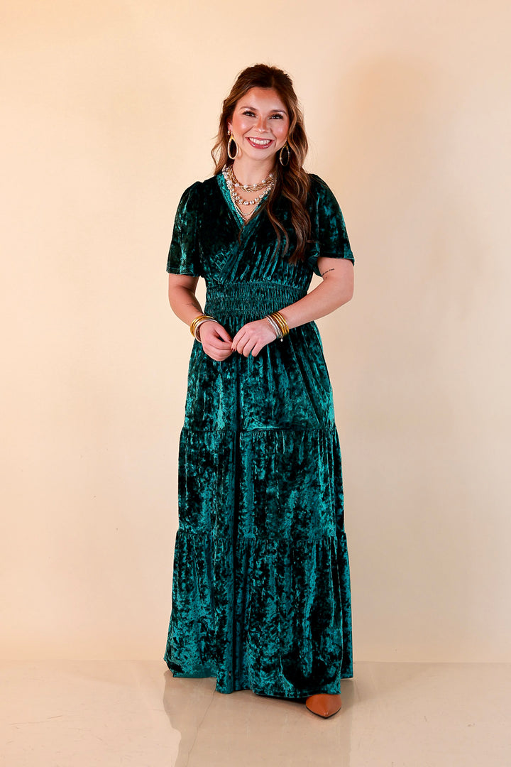 Belle of the Ball Crushed Velvet Tiered Maxi Dress in Green