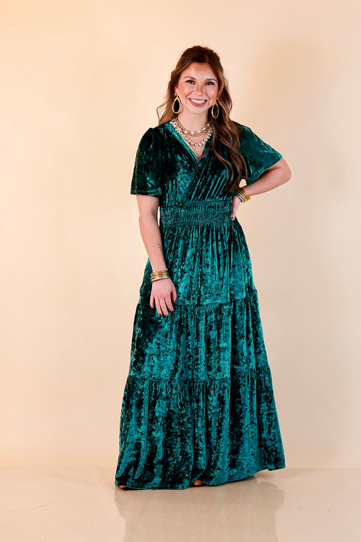 Belle of the Ball Crushed Velvet Tiered Maxi Dress in Green