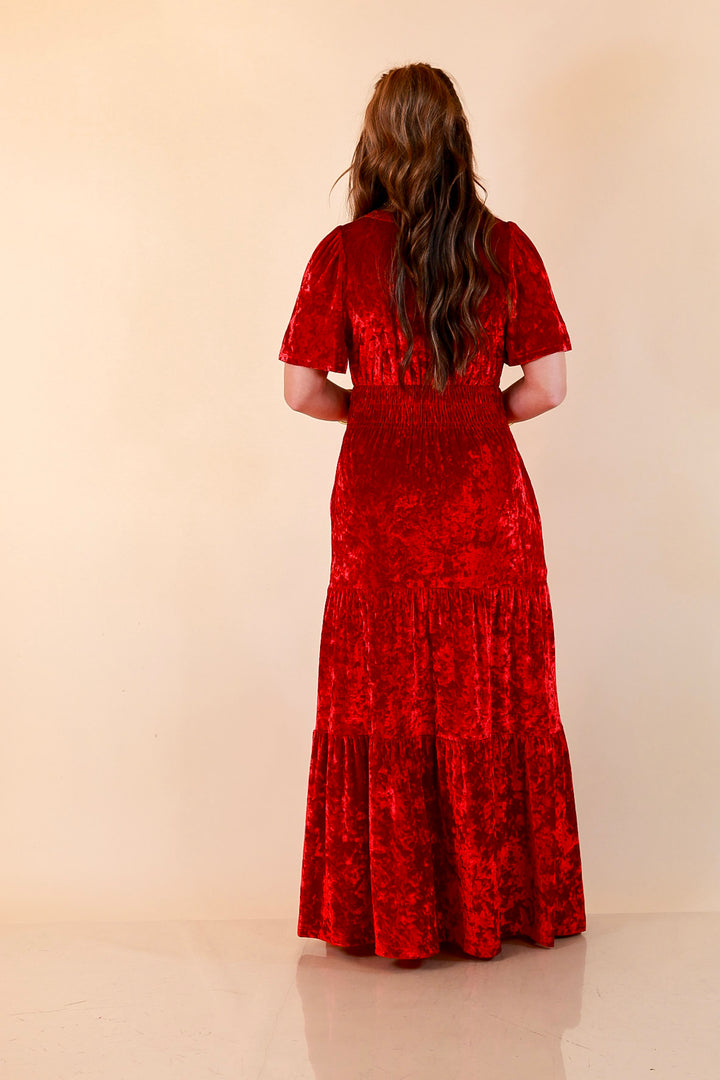 Belle of the Ball Crushed Velvet Tiered Maxi Dress in Red