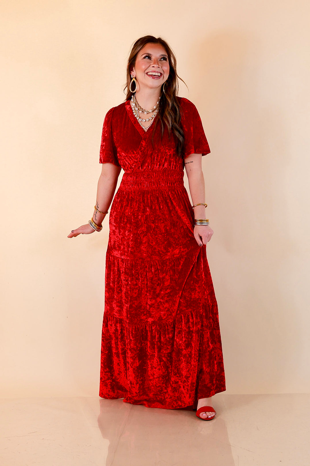 Belle of the Ball Crushed Velvet Tiered Maxi Dress in Red