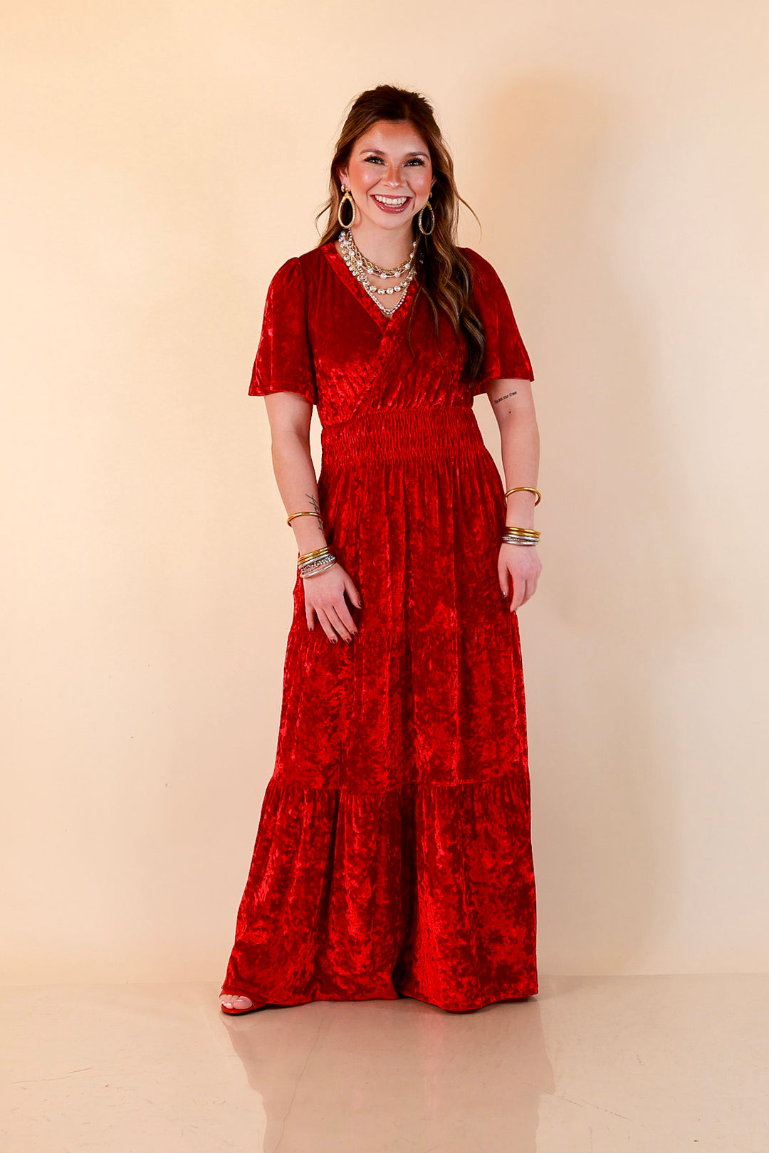 Belle of the Ball Crushed Velvet Tiered Maxi Dress in Red