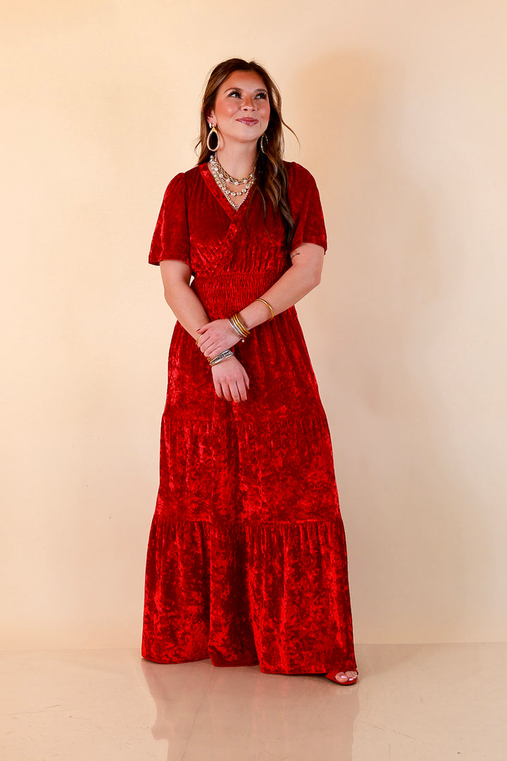 Belle of the Ball Crushed Velvet Tiered Maxi Dress in Red