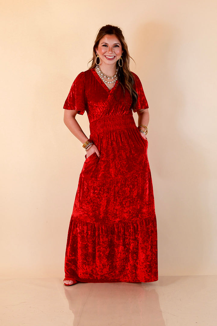 Belle of the Ball Crushed Velvet Tiered Maxi Dress in Red