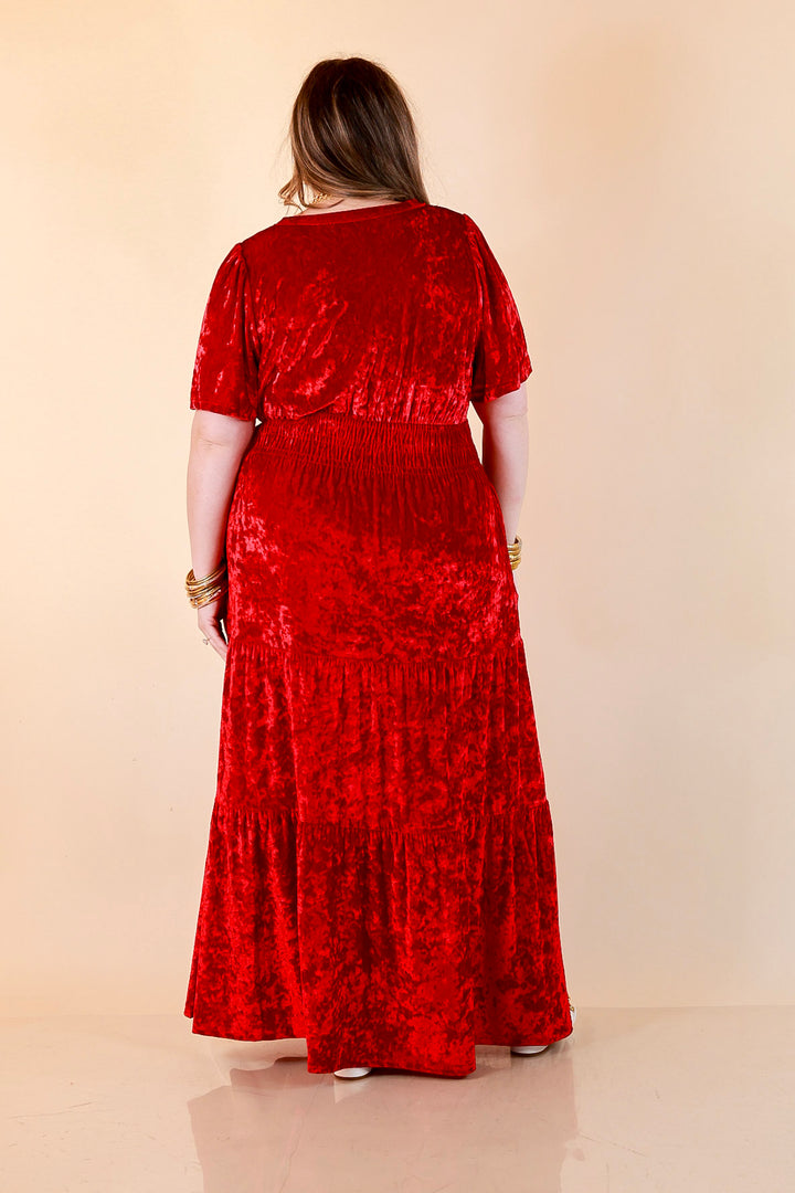 Belle of the Ball Crushed Velvet Tiered Maxi Dress in Red