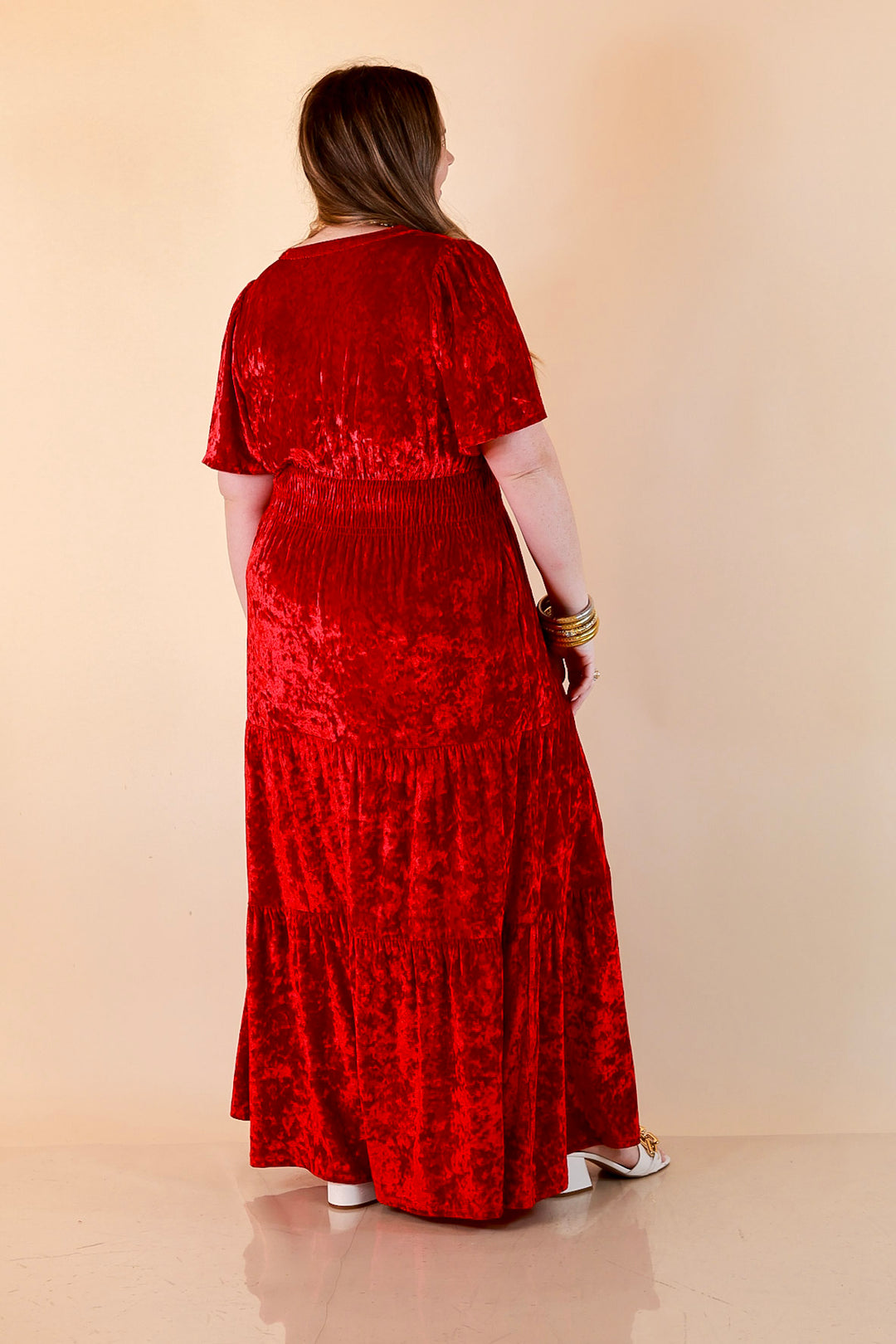Belle of the Ball Crushed Velvet Tiered Maxi Dress in Red