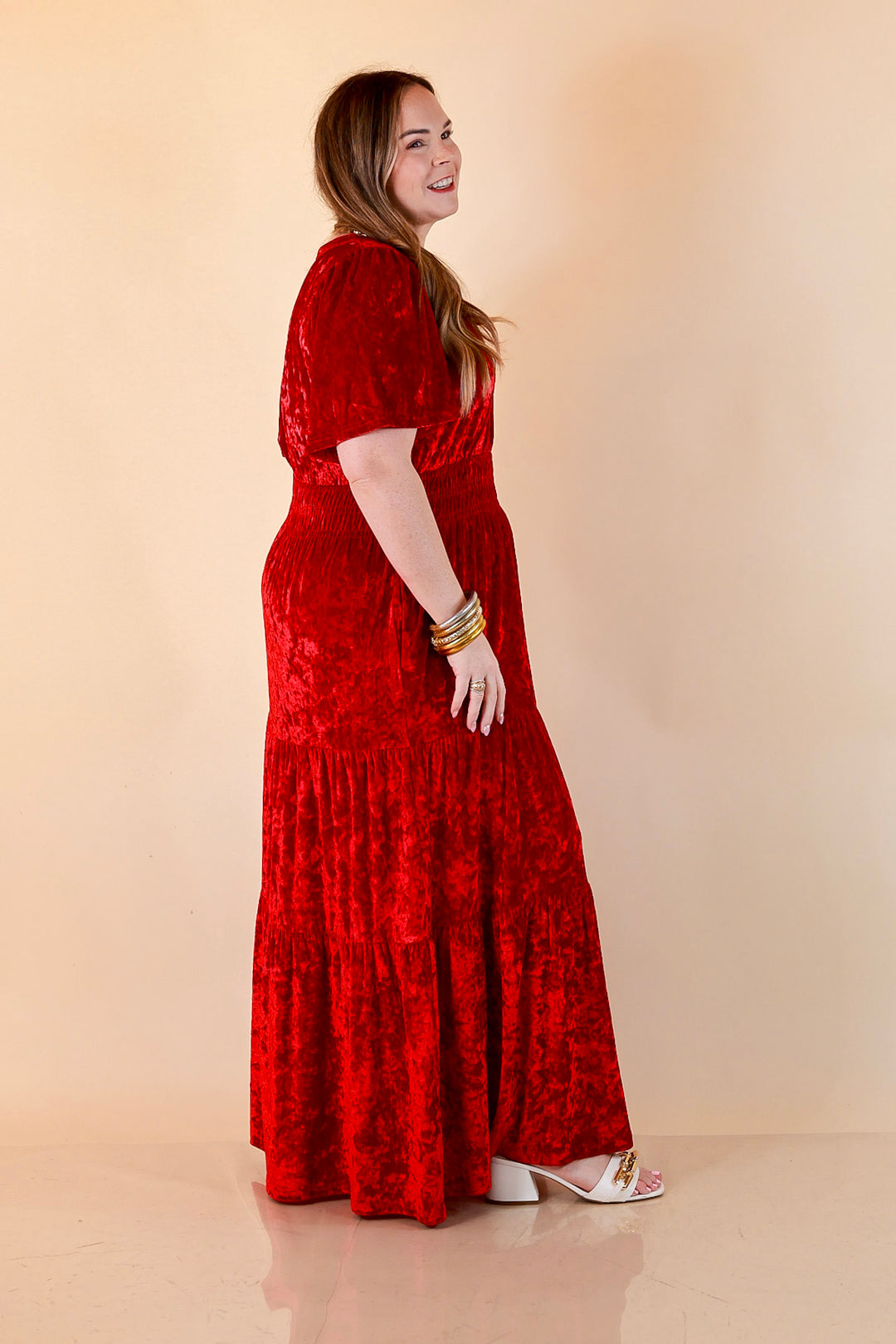 Belle of the Ball Crushed Velvet Tiered Maxi Dress in Red