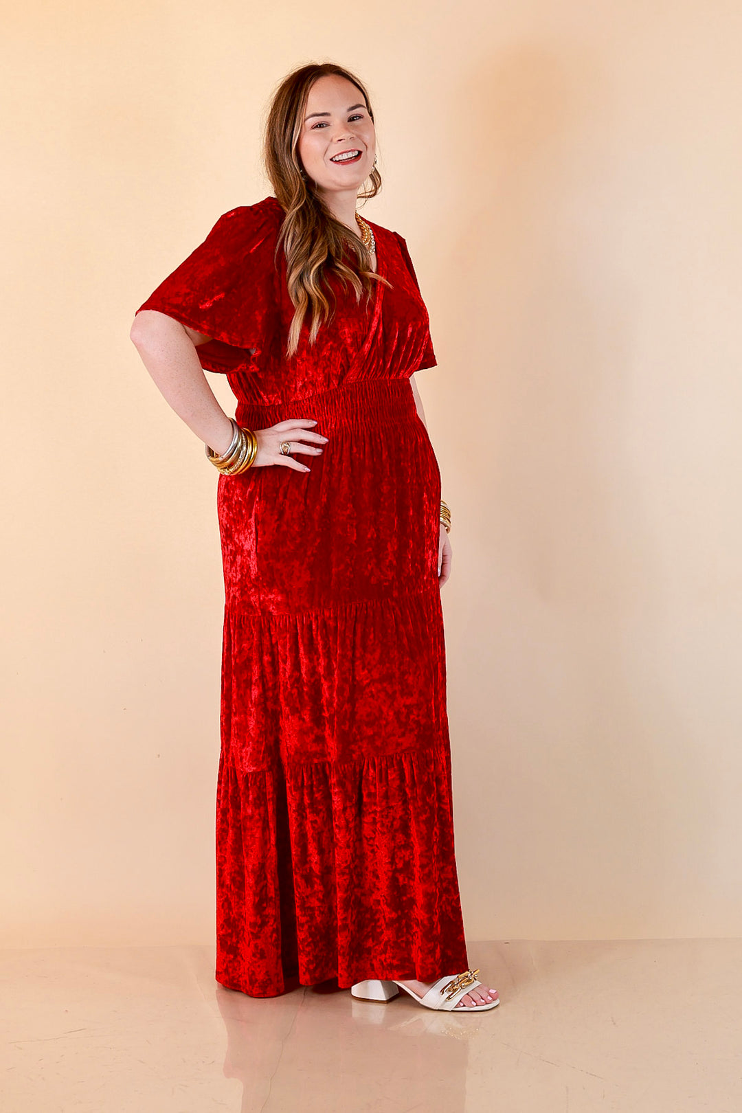 Belle of the Ball Crushed Velvet Tiered Maxi Dress in Red