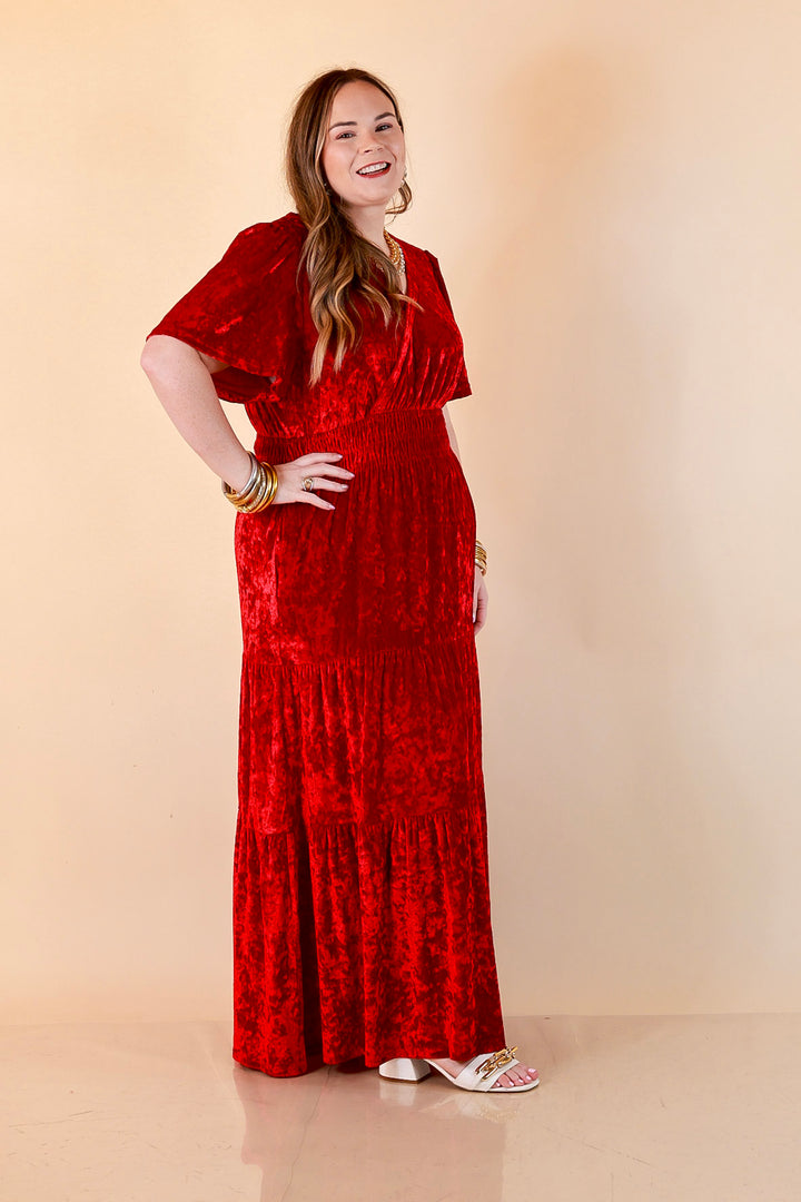 Belle of the Ball Crushed Velvet Tiered Maxi Dress in Red