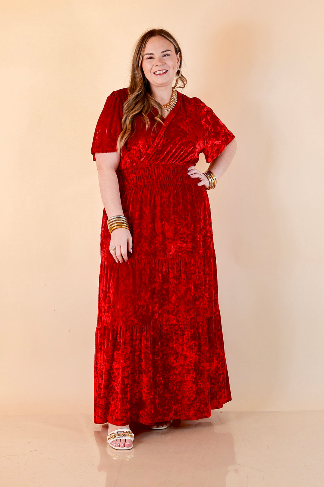 Belle of the Ball Crushed Velvet Tiered Maxi Dress in Red
