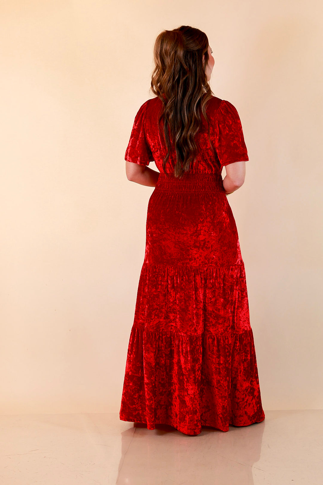 Belle of the Ball Crushed Velvet Tiered Maxi Dress in Red