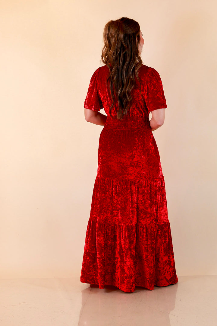 Belle of the Ball Crushed Velvet Tiered Maxi Dress in Red